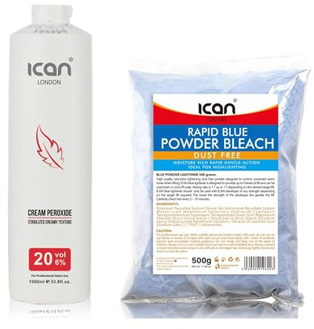 ICAN LONDON PROFESSIONAL CREAM PEROXIDE 20 VOL 6% 1000 ML + RAPID BLUE POWDER BLEACH 500 G COMBO SET