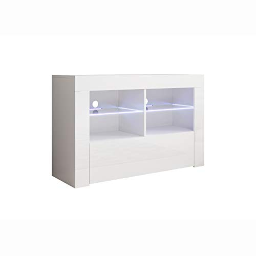 MB Muebles Bonitos, Mueble TV Lilian con Luz LED para Salón Moderno, 1 Puerta Abatible, Mueble de Melamina Brillo, Color Blanco, 100x65x35 cm