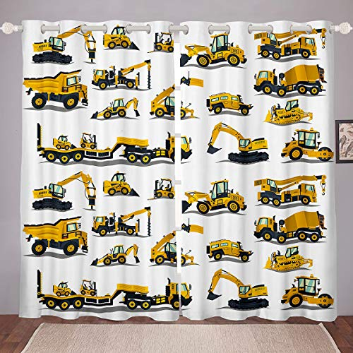 Homewish Bagger Fenstervorhänge Traktor Fenstervorhänge LKW Fensterbehandlungen Bulldozer Fenstervorhang Panels Boy Cartoon Fenstervorhänge Gelb Leichte Fensterbehandlung 46x72, 2 Panels