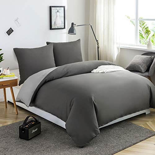 AYSW Bettwäsche gebürstet Microfaser 1 Bettbezug 200x220cm + 2 Kopfkissenbezug 80x80cm mit Reißverschluss Dunkelgrau/Hellgrau