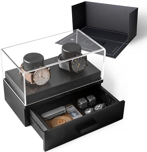 Holzuhrenbox für 2 Uhren – Uhrenaufbewahrung mit Acryldeckel und Schublade – Moderne Uhrenbox für Herren aus Holz – Uhrenaufbewahrungsbox und Organizer