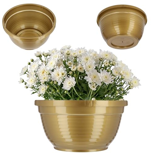 KADAX Schale aus Kunststoff, runde Blumenschale, wetterfester Pflanzkübel für Außen, Grabschale, leichte Kugelschale für Blumen, Pflanzschale (⌀ 13 cm, Gold)