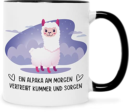 Bedruckte Tasse mit Spruch - Alpaka am Morgen - Lustige Geschenke - Geschenk für Mama Papa Freunde Geburtstag Valentinstag Weihnachten - für Männer & Frauen - für Sie & Ihn - Farbe: Schwarz & Weiß