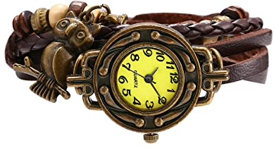 Avaner Vintage Armbanduhr mit handgeflochtenen Blättern Eule Schmetterling Anhänger Herren Damen Uhr Analog Quarzuhr Leder Armbänder für Frauen Männer