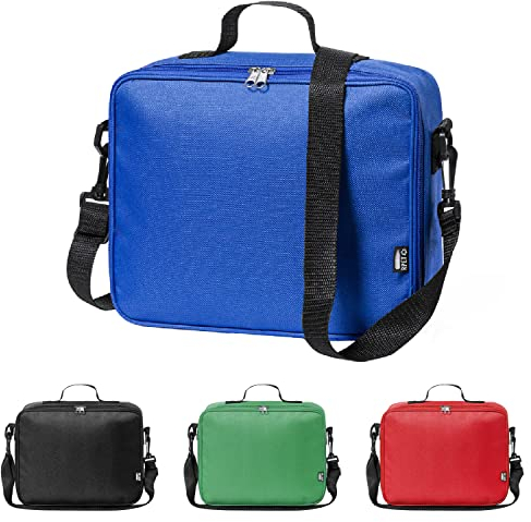 TIENDA EURASIA - Bolsa Termica Porta Alimentos, Nevera de Tela Portatil con Base Reforzada, Interior Isotermo, Incluye Asa y Cinta de Bandolera Ajustable (Azul)