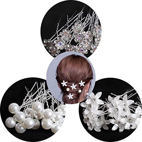 Hair Pins for Wedding, Pearl Hair Clip Flower Hairpin Diamante Pins U Shaped Hair Pins Flower Crystal Hair Pins Clips for Women (30PCS)