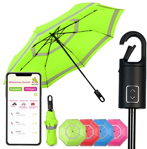 Quick Safety® wander- trekking-Regenschirm taschenschirm herren-damen-schirm jungen-regenschirm auf-zu-automatik sturmfest reflektierend Karabinerhacken-Griff-Design (nano grün)