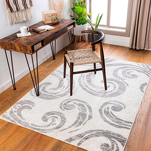 Livabliss Marseille Wohnzimmer Teppich modern – Abstrakt Design in Marmor Optik für Wohnzimmer 152x213 cm, Esszimmer, Schlafzimmer - Marmor Teppich groß, weicher Teppich Kurzflor in Elfenbein und Grau