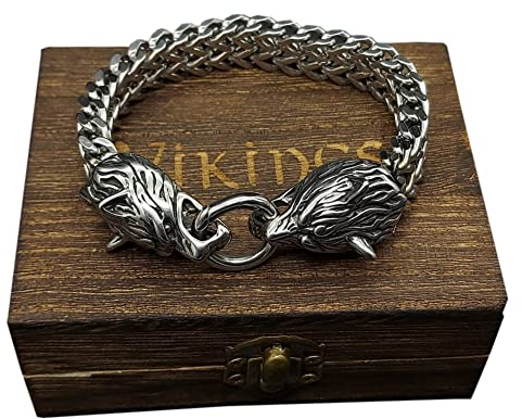 ZFSBRTL Königskette Silber 3D Wolfskopf Armband, Herren Edelstahl Wikinger Odin Wolf Panzerkette Totenkopf Armband Vintage Amulett Schmuck Geschenke mit Holzkiste,23cm