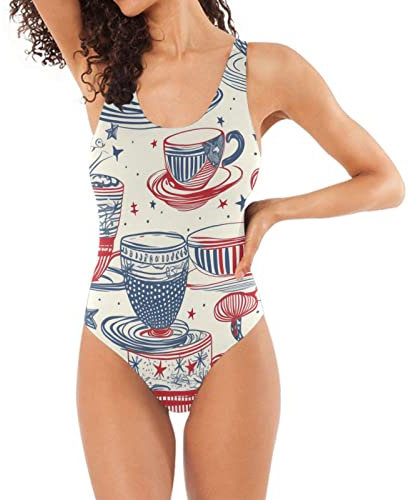 Maillot de bain une pièce pour femme - Motif tasse de thé - Couleur rouge blanc et bleu, Tasse à thé créative de couleur rouge, blanc et bleu, Taille M