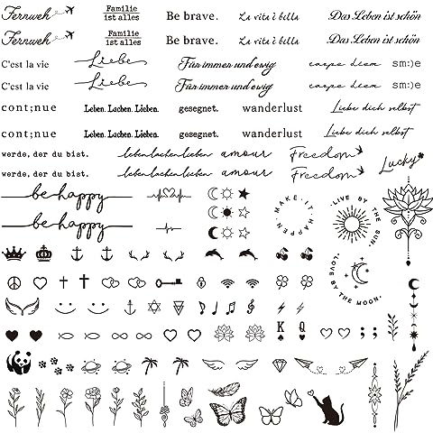 COLOFALLA 3 Blätter 130+ Temporäre Tattoos - 2 Wochen Schriftzug auf Deutsch zum Aufkleben - Fake Klebetattoos Kleine Mustern Inspirierende Sprüche für Frauen Mann