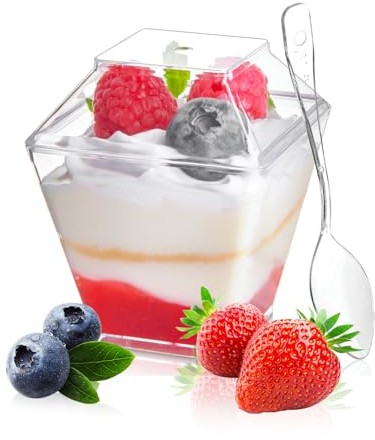 Dtldxx Lot de 50 tasses à dessert avec couvercles et cuillères, 160 ml Bols à verrine Réutilisables,DIY Coupe à Dessert Plastique pour Mousse crème au Chocolat Pudding Dessert
