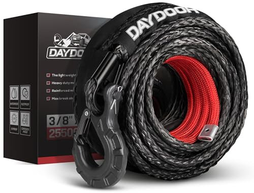DAYDOOR Corda sintetica per verricello da 3/8 '' x 28 m, kit di cavo per verricello da 11,6 kg, ricambio con manicotto protettivo e gancio per verricello forgiato resistente per veicoli fuoristrada