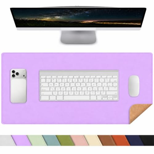 AFIING Kork Schreibtischunterlage 90x43 cm, Doppelseitige Tischunterlage aus Naturkork & PU Leder, Rutschfest & Wasserdicht, Mauspad groß Desk Mat für Büro & Home Office (Lila)