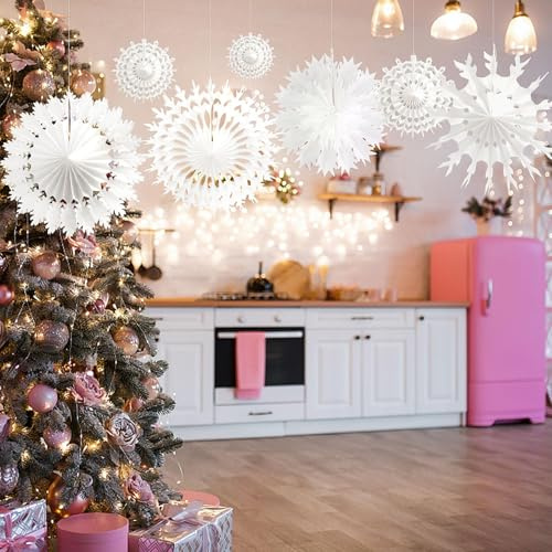 12 Stück Weiß Paper Schneeflockendekorationen Papier-Weihnachtsdekorationen | Papier Schneeflocken Hängende Fan Decor für Fensterdeko Weihnachten Taufe Dekorationen Winter Hochzeitsdeko