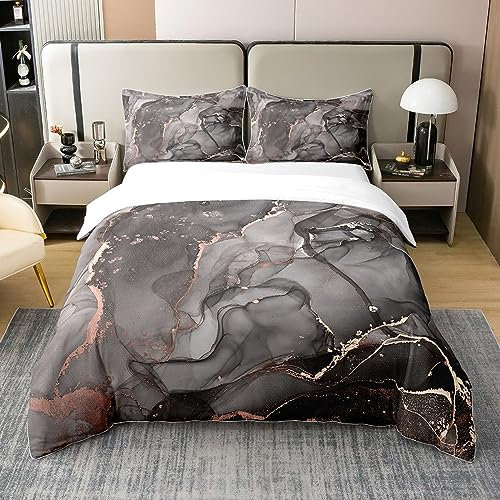 richhome Marble 100% Nature Cotton Duvet Cover Double for Girls Women,Rose Gold Abstract Marble Texture Printed Super Soft Bedding Set,Luxury Black Grey Comforter Cover Bedding 3 Piece (No Comforter)
