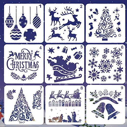 9 Stück Weihnachtsschablonen, wiederverwendbare Malerei, DIY-Weihnachtsschablonen, Weihnachts-Schablonen, Kunststoffherstellung zum Sprühen von Türen, Fenstern, Wänden, Möbeln, Malerei, Weihnachten,