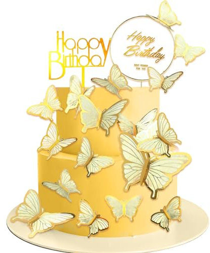 Yatinkim 22 Stück Gold Schmetterling Dekorationen für Kuchen Alles Gute zum Geburtstag Cupcake Toppers 3D Schmetterlinge Hochzeit Dekorieren Mädchen Frauen Party Jahrestag
