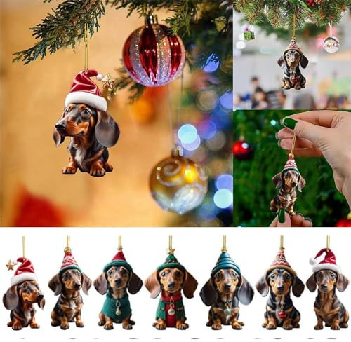 Colgantes decorativos navideños, 7 unidades 2D Dachshund decoración de Navidad, decoración plana para el árbol de Navidad, perros, accesorios colgantes divertidos, adornos para árbol de Navidad de