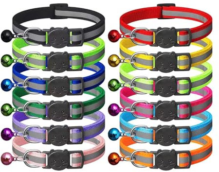 SereneStock Cat Collar- Reflective Cat Collars with Bells- Quick Release Cat Collar- Adjustable to Fit All Cats- Breakaway Safe Kitten Collar (12 Pack) (Mix Color)