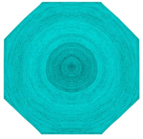 CASAVANI Kelim Teppich, rund, türkis, geflochtener Jute-Teppich, Oktakour-Form, für drinnen und draußen, Flachgewebe, für Schlafzimmer, Nachttisch, Esszimmer, Küche, Yogamatte