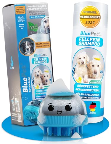 BluePet Hundeshampoo sensitiv 200ml mit befüllbarer Badebürste – rückfettend & pH-hautneutral – für Langhaar & empfindliche Hunde – gegen Juckreiz, Schmutz & Gerüche – mit Aloe Vera