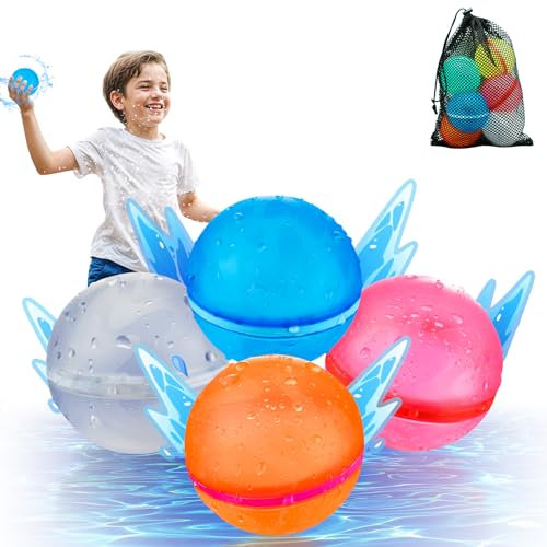 WABALLO Wiederverwendbare Wasserbomben, 4 Stück Wasserbomben mit Netztasche für Kinder ab 4, Einfaches und Schnelles Befüllen Wasserball für Pool, Strand, Garten Spielzeug