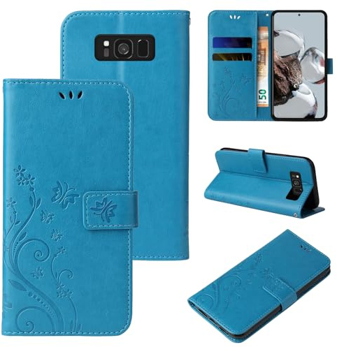 LBH Handy Hülle für Samsung Galaxy S8 Case Handytasche Schmetterling Blumen Flower Standfunktion Schutzhülle Magnet Rundum Schutz 360 Grad Flipcase Cover Blau