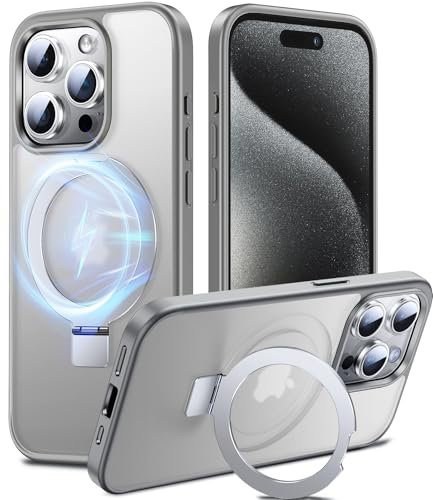 Chicfun 3-in-1 [Magnetic+KickStand+Ring Holder] for iPhone 15 Pro Case Stand Ring Holder Compatible with MagSafe, Military Shockproof Protective iPhone 15 Pro Phone Case KickStand Cover Grey