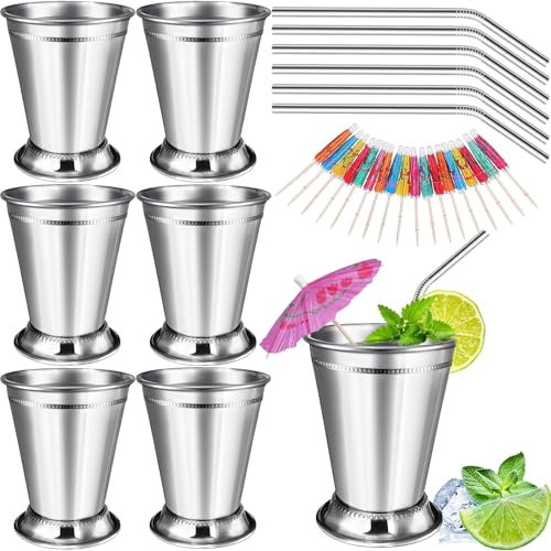 6 Sets Mint Julep Becher mit Strohhalmen, 340 ml, Edelstahl-Trinkbecher, Perlen, Minze, Julep-Becher, silberfarbene Metall-Cocktailgläser mit Strohhalmen und Trinkspieße für Minze, Julep, Cocktails,
