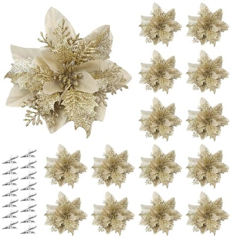 NHBETYS 15Pcs Artificial Christmas Decoration Poinsettia Flower with Clips, Christmas Ornaments Glitter Poinsettia for Christmas Tree DIY Garland Holiday Home Party Decor