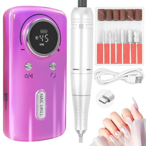 SAVILAND Portable Nail Drill Kit 45000 RPM: Professional Nail Drill Machine for Acrylic Gel Nail Rechargeable 2000 mAh Electric Nail File with Nail Drill Bits Sanding Bands Salon Manicure Pedicure