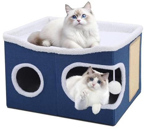 Faltbares Katzenhaus, Katzenhöhle Indoor große Katzen, 54.5T*44.5B*34.5H cm 2 Schicht Katzenwürfel, Große Katzenhaus mit Kratzbrett und Spielball, Katzen Höhle für mittlere und Großer Haustiere