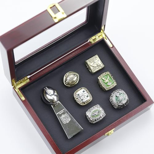 Rugby-NFL-PHI-Replika-Set mit Meisterschaftsring zum 6- Super Bowl mit Kleiner Fantasy-Trophäe und Holzbox für Männer Frauen Freunde Fußballfans das Beste Souvenir