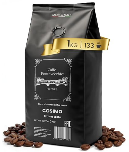 Caffè in Grani 1kg - Miscela 100% Robusta da India Vietnam Indonesia - Chicchi Interi per Moka ed Espresso - Gusto Forte e Tostato con Crema Densa - Made in Italy - CAFFÈ PONTEVECCHIO FIRENZE