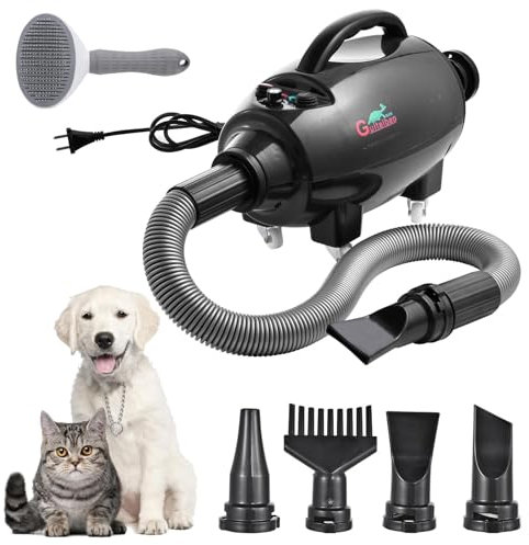 Secador de pelos para perros y gatos,secador de pelos para mascotas con velocidad y temperatura ajustables,secador de pelos para mascotas con 4 boquillas,manguera flexible de 2,5 m,Negro