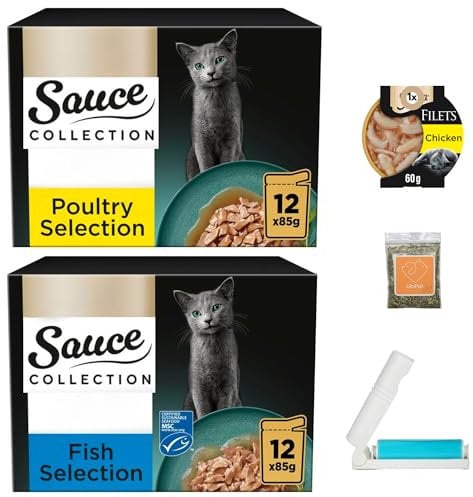Cat Food Bundle with Sauce Collection (Poultry and Fish total 24x85 gram) and 1 x 60 gram Chicken Fillet Tray plus UbiPet Lint Roller and Catnip