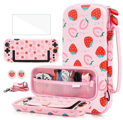GLDRAM Pink Strawberry Carrying Case for Nintendo Switch 2 (2025), Cute Girly Accessories Bundle with Travel Storage Bag, Hard Shell PC Protective Cover, Screen Protector, Thumb Grips & Shoulder Strap
