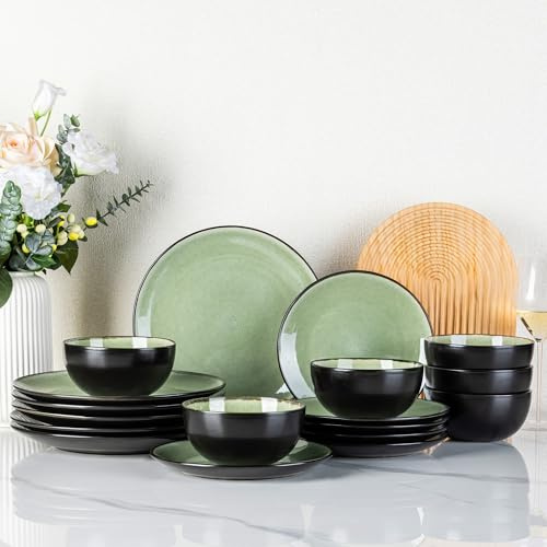 GBhome Stoneware Dinner Sets for 6 People, 18 Pieces Handcrafted Plates and Bowls Set, Scratch Resistant Dinnerware Set, Dishwasher & Microwave Safe Dishes, GDW025GY-EU (Quiet Green, Set of 18)