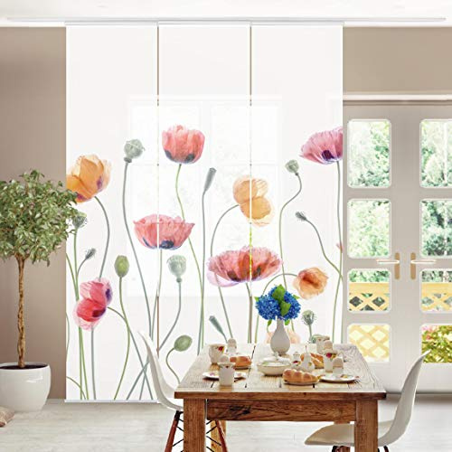 micasia Schiebegardine halbtransparent 60er Paneel Klett Blumen Textil lichtdurchlässig - Mohnblume Aquarell Flächenvorhang Weiss Wohnzimmer Schlafzimmer 1929 (180x250 cm - 3er Set)