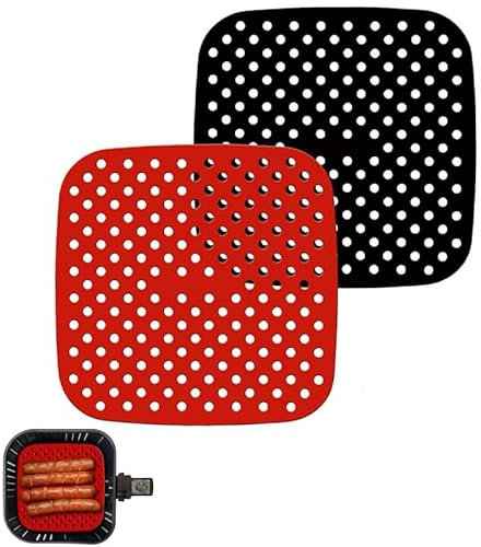 Azlanway Tappetini in silicone per friggitrice ad aria calda, 2 pezzi, rosso e nero, accessori riutilizzabili Airfryer, antiaderente e resistente al calore, carta da forno in silicone perforato