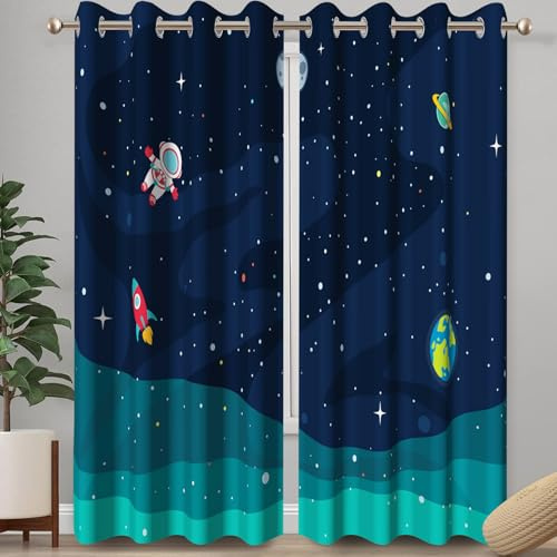 Ttincceer Verdunkelungsvorhänge mit Cartoon-Galaxie-Motiv für Jungen, Weltraum, Astronaut, Planet, Rakete, Raumverdunkelungsvorhänge, Kinderzimmer, Fensterbehandlungen, wärmeisoliert, 140x245cm