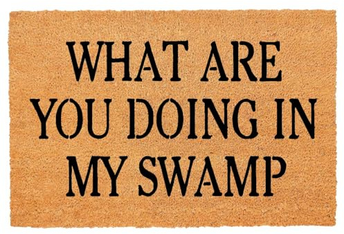 Funny Coir Doormat Welcome Mats with Heavy Duty Front Porch Patio Welcome Mats Entry Natural Coconut Brown Mat Novelty Gift Doormat 23.7 x 15.7 inch (What Are You Doing In My Swamp)
