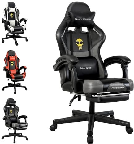 Future Warrior Ergonomischer Gaming-Stuhl mit Fußstütze, Kopfstütze und Lendenwirbelstütze Höhenverstellbarer gepolsterter Gaming-Stuhl PC-Sessel Drehstuhl Schwarz (Schwarz-Grau)