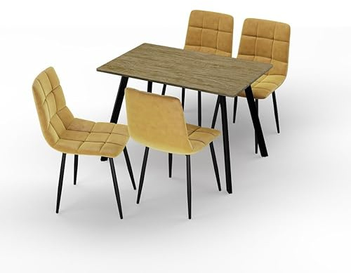 URBNLIVING 110cm Dining Table & 4 Velvet Chairs Set – Modern Metal Frame Kitchen Furniture, Contemporary Dining Room Set - Oak Table Curry Yellow Chair