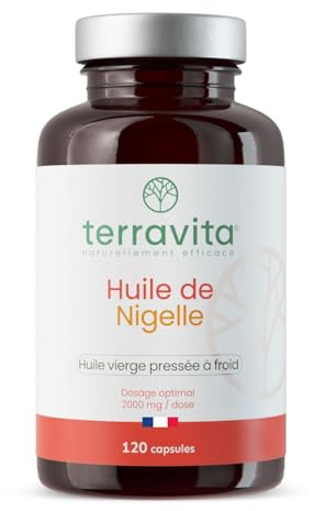 Huile de NIGELLE | 2000 mg d’Huile de Cumin Noir Vierge | 120 Capsules de 500 mg avec Vitamine E | Première Pression à Froid | Peau, Cheveux, Immunité et Digestion | Made in France | Terravita