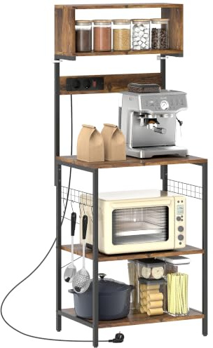 HOMCOM Küchenregal Standregal, 5 S-Haken, 60 x 42 x 153 cm, Rustikal-Braun | 5 Ablagen, Steckdose, Kaffeebar mit X-Streben, Bäckerregal aus Stahl für Küche Esszimmer