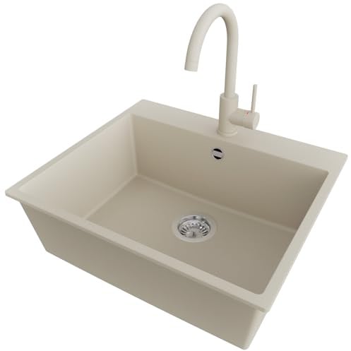 PRIMAGRAN Fregadero Granito al Mueble 60cm + Grifo, 58x50cm | Set: Grifo BW5010 + Kit de desagüe (sifón, válvula, rebosadero) + Riga 1 Seno para Cocina, Beige