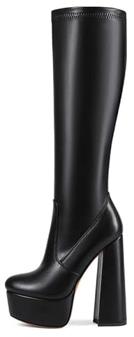 Veelau Meieer Stivali da donna al ginocchio, con tacco alto, elasticizzati, con tacco a blocco, alla moda, Poliuretano nero., 45 EU
