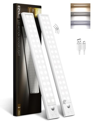 EZVALO 43cm LED Schrankleuchte mit Bewegungsmelder - Kabellose Unterbauleuchte mit 4000mAh USB‑Akku, 3 Farbmodi & Dimmer für Küche, Kleiderschrank & Treppe - 2er Set